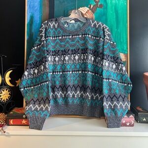 Vintage 80s 90s Men's Geometric Crewneck Sweater - Gray and Teal Large